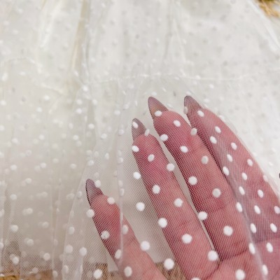 Vestido Manga Curta em Tule Poá com Lacinhos - Off White